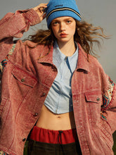 Vintage Ethnische Floral Stoff Patchwork Denim Jacke Trendy BrLoose